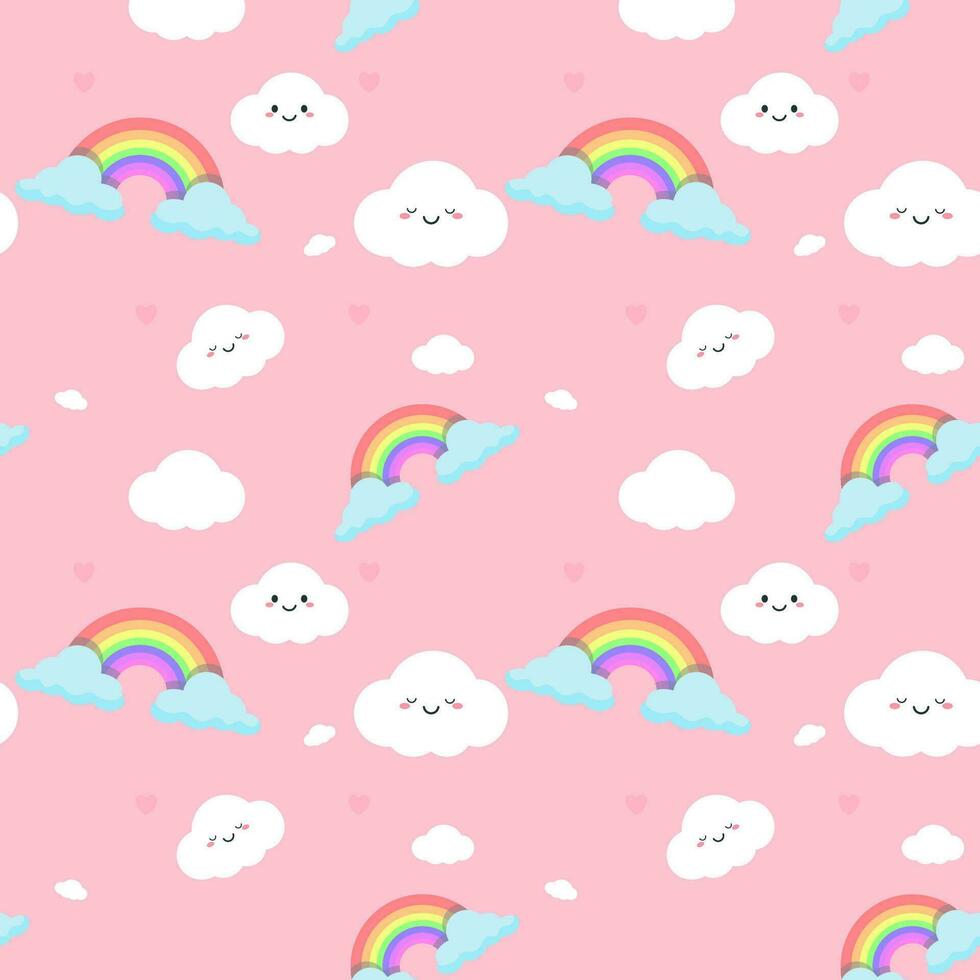 Rainbows and clouds cute seamless pattern decorating small hearts in pastel pink background vector