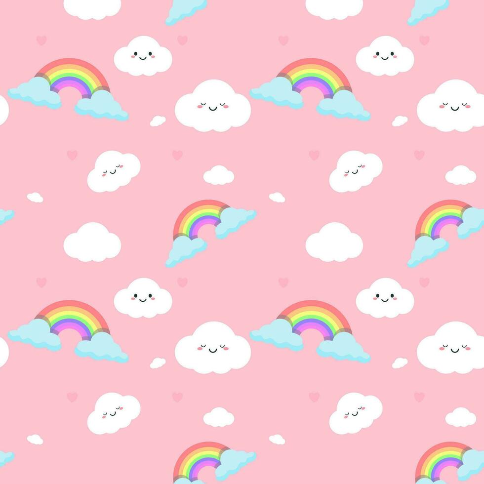 Rainbows and clouds cute seamless pattern decorating small hearts in pastel pink background vector