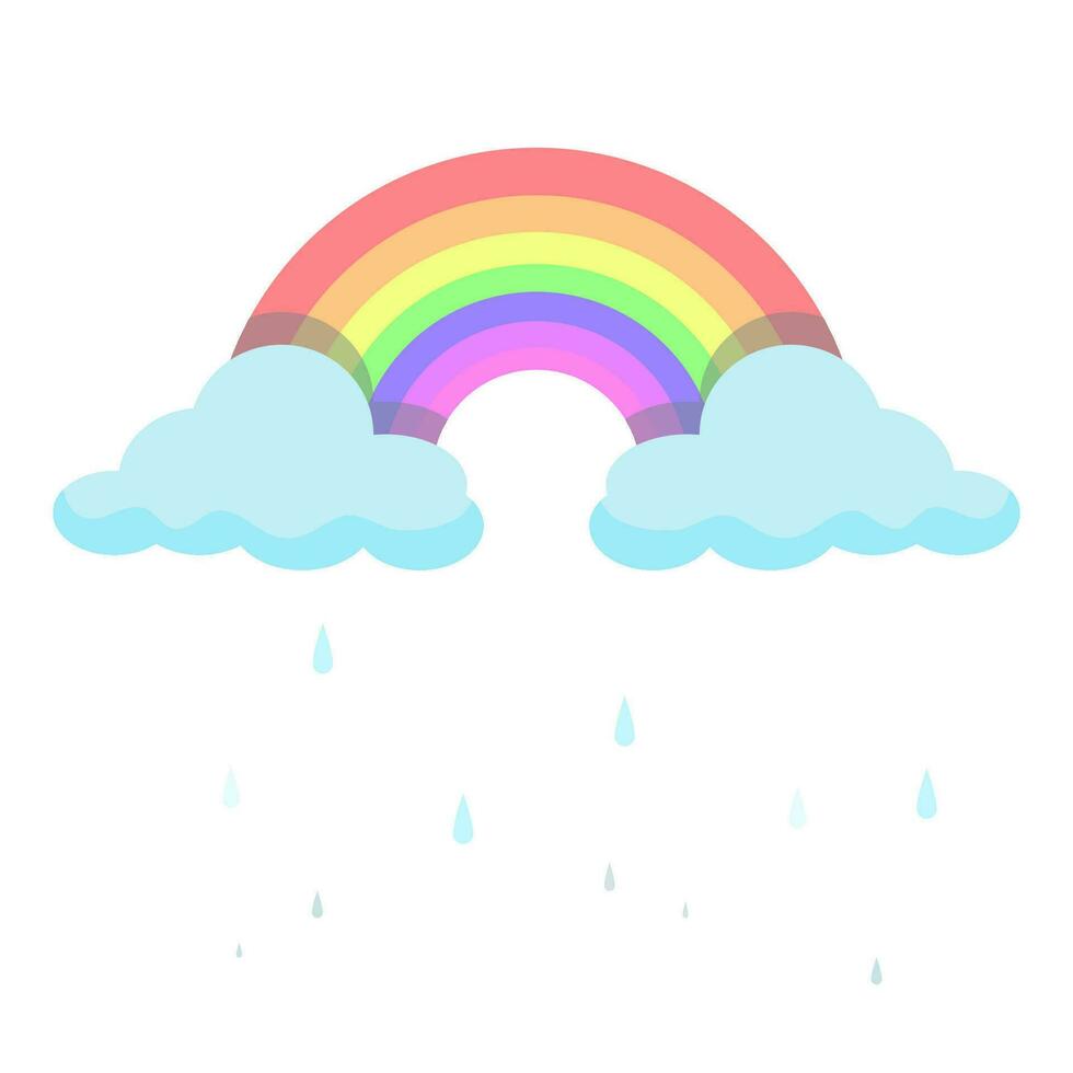 Rainbow and cute clouds with rain isolated on white background in pastel colors. vector