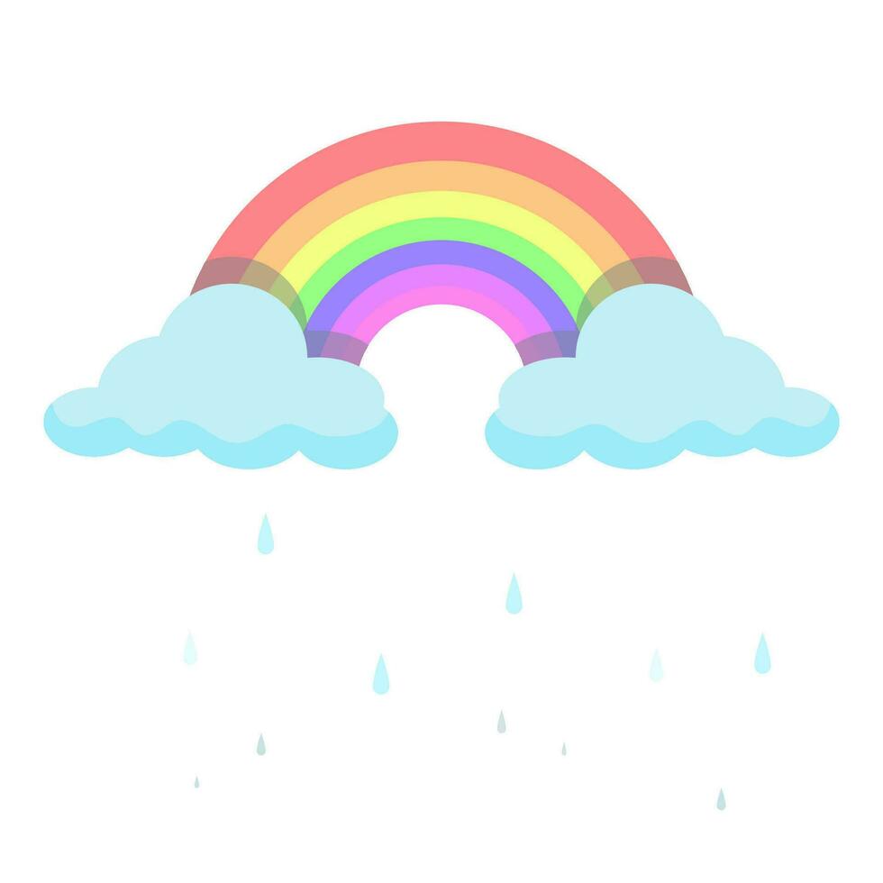 Rainbow and cute clouds with rain isolated on white background in pastel colors. vector