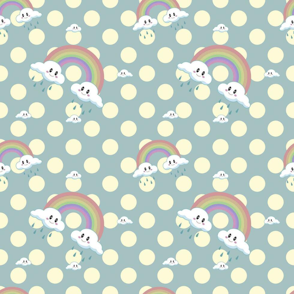 Cute rainbow and clouds seamless pattern decorated with yellow polka dots on pastel pink background. vector