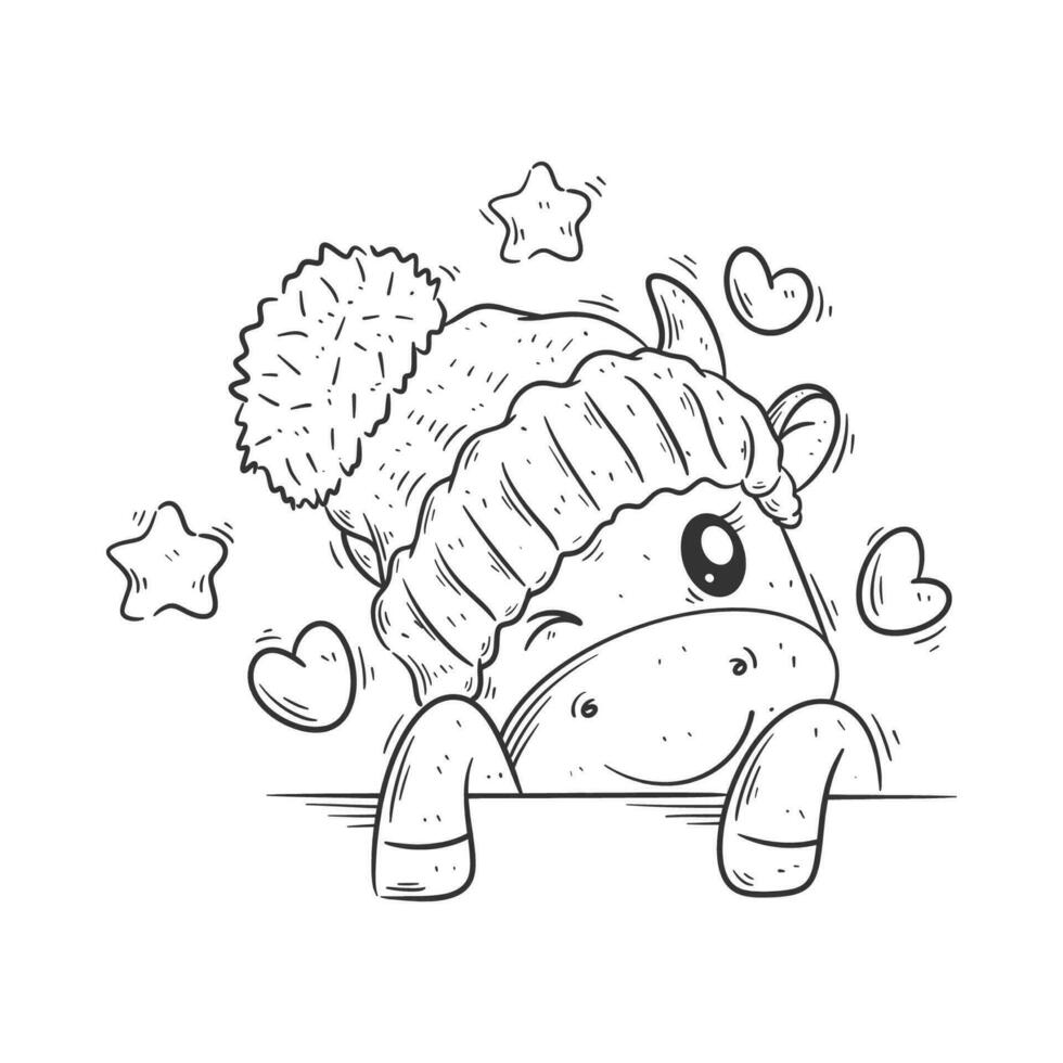 Cute cow wearing a warm hat for coloring vector