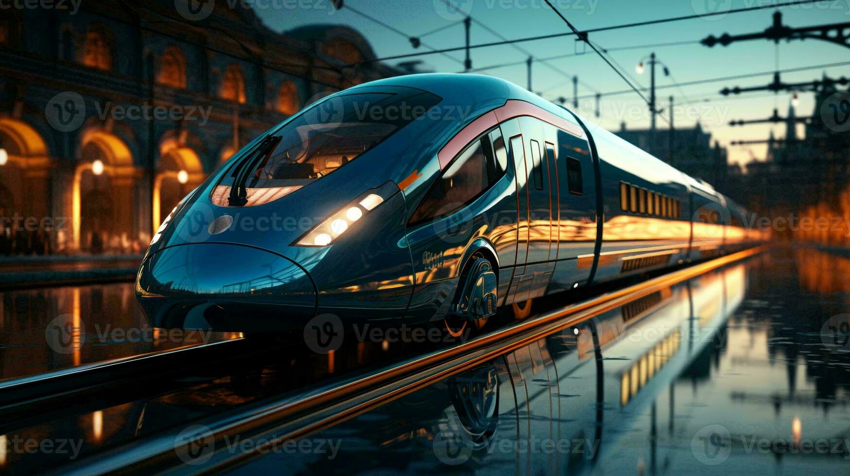 A high speed modern train rides on rails and delivers goods and people by rail. AI generated photo