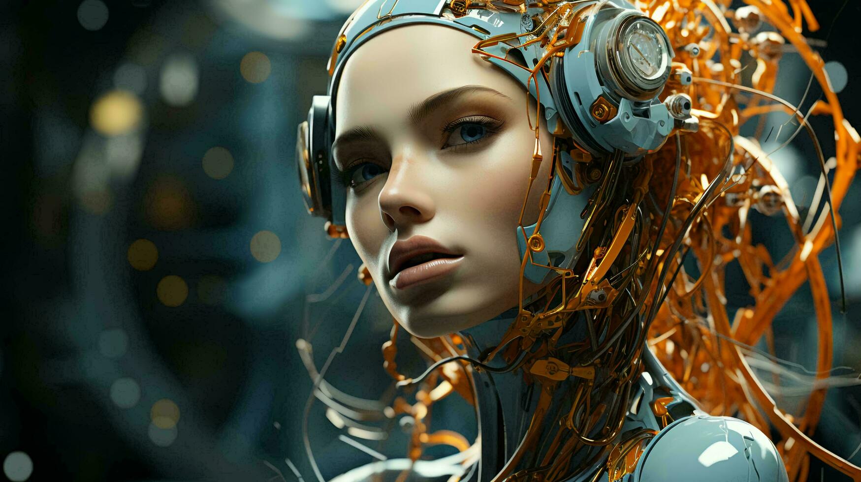 el cara de un cyborg robot mujer, un mezcla de humano y computadora artificial inteligencia. ai generado foto