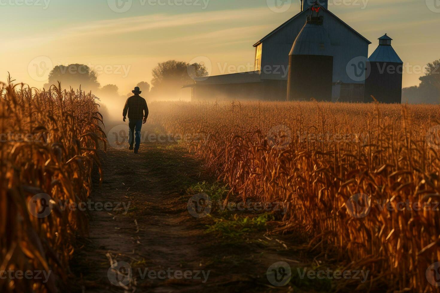 granjero caminando mediante maíz campo en el mañana, grano silo en el distancia, representando rural vida y agricultura ai generativo foto