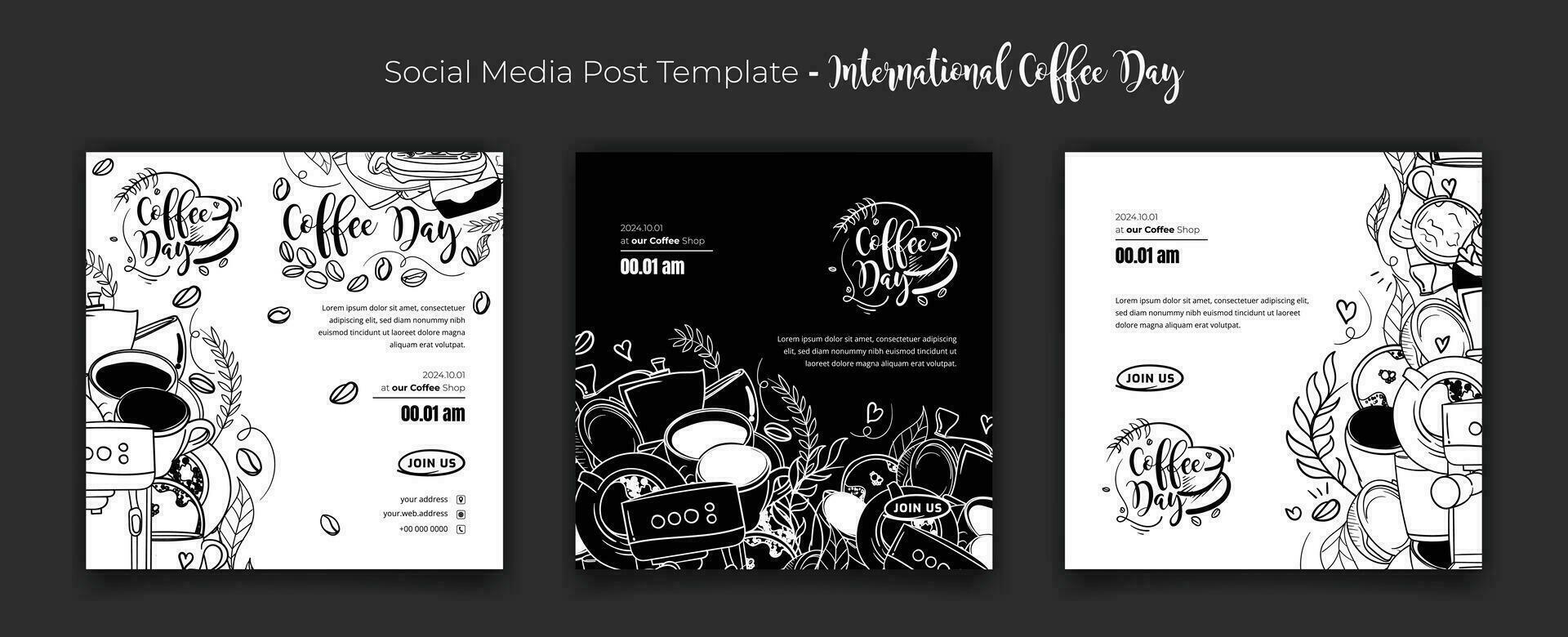 Set of social media post template in black white of coffee doodle art design for coffee day campaign vector