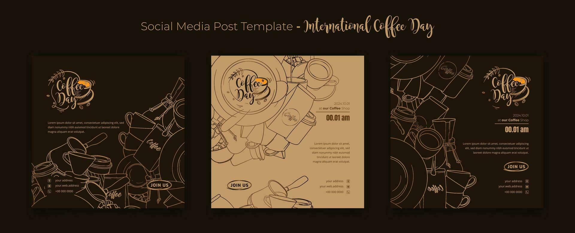 Social media post template with cup and ornamental in doodle art design for coffee day campaign vector