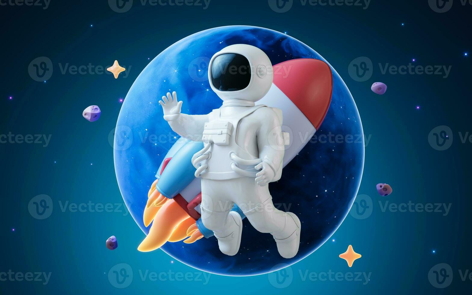 Cartoon spaceman with outer space background, 3d rendering. photo