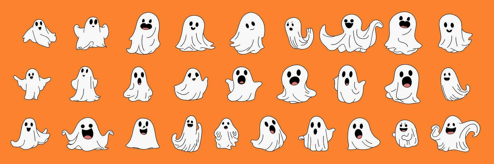 Large collection of hand drawn doodle ghosts isolated on orange background. Set of ghost icons. Vector illustraiton. Outline white ghost set.