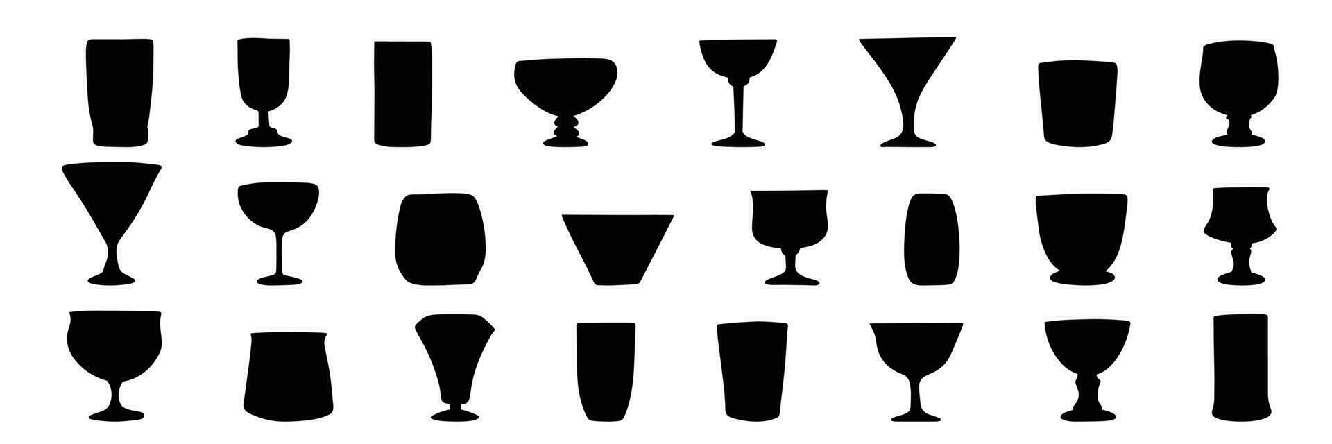 Big collection of glasses silhouette. Hand drawn glass silhouette isolated on white background. Vector illustration.