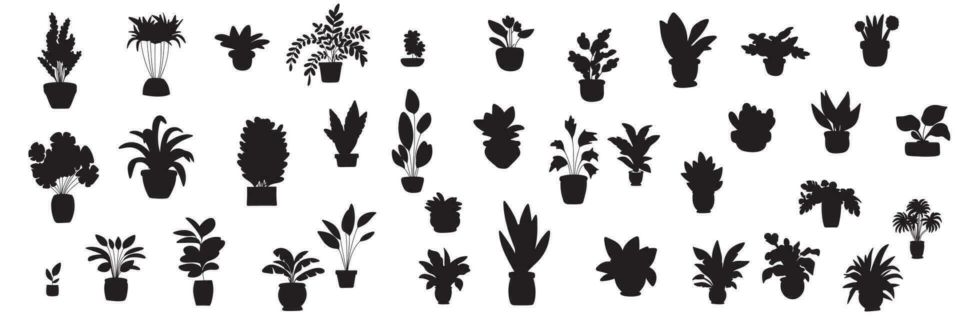 Big collection of houseplant silhouette. Hand drawn houseplants silhouette isolated on white background. Vector illustration.