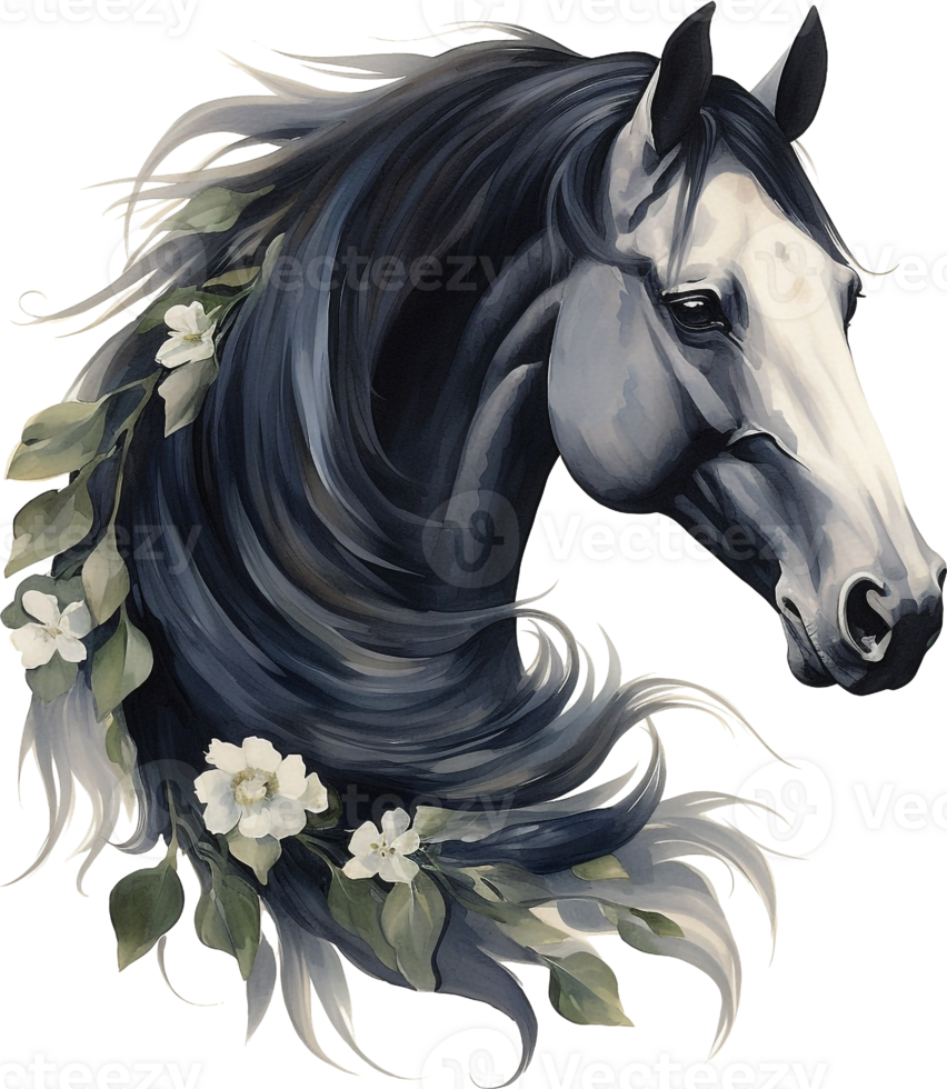 Portrait of a black horse and flowers. Hand drawn style print. Watercolor illustration isolated on white background. For t-shirt composition, print, design, sticker, sublimation, and decor png