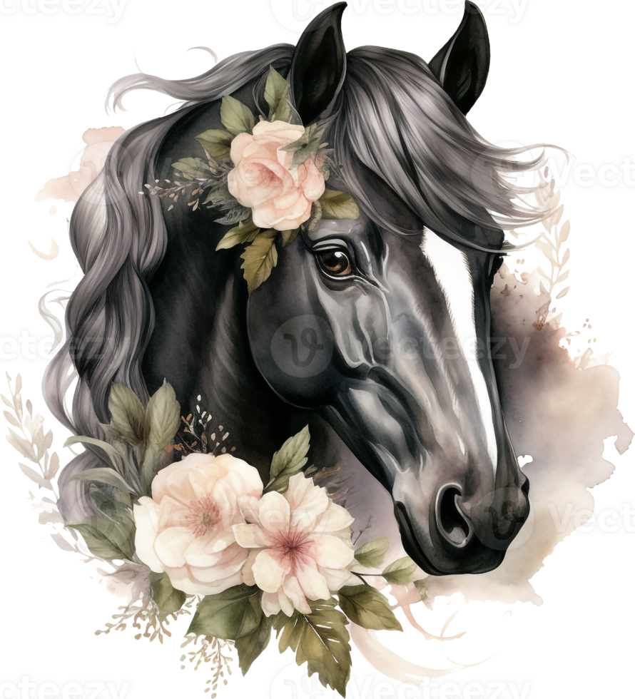 Black horse portrait isolated on transparent background. Watercolour illustration. png