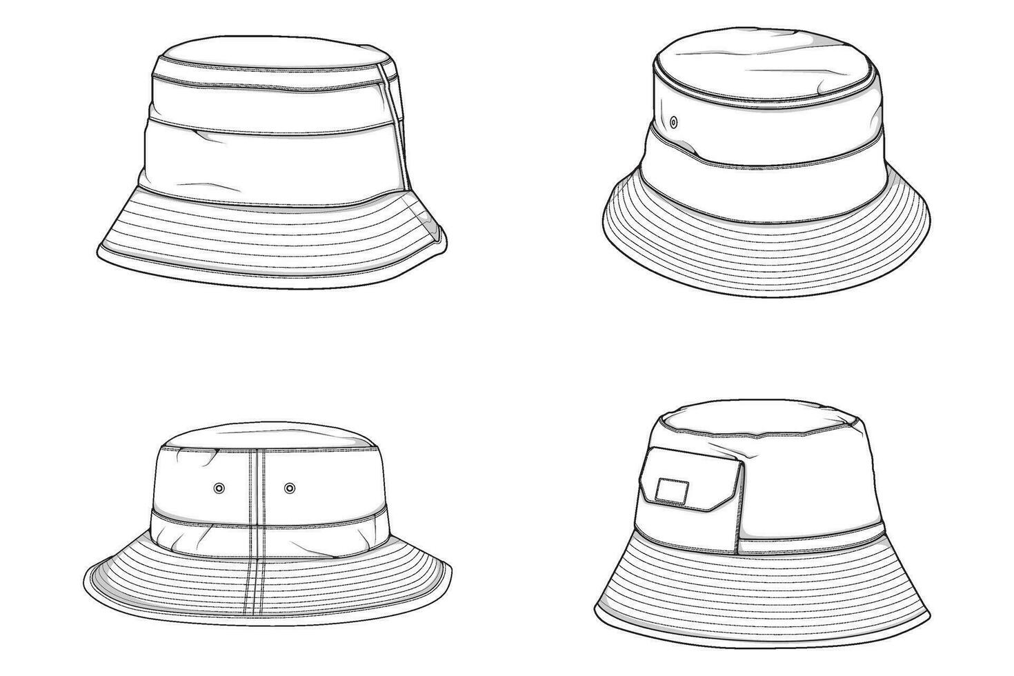 set of bucket hat outline drawing vector, bucket hat in a sketch style,  template outline for training, vector Illustration.