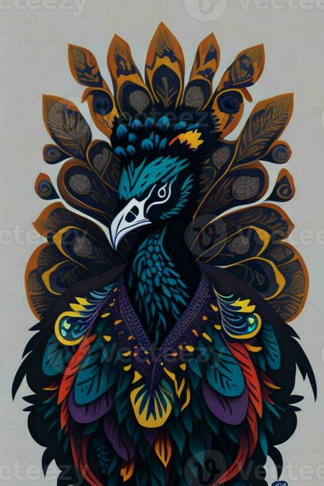 A detailed illustration of a Peacock for a t-shirt design, wallpaper, fashion photo