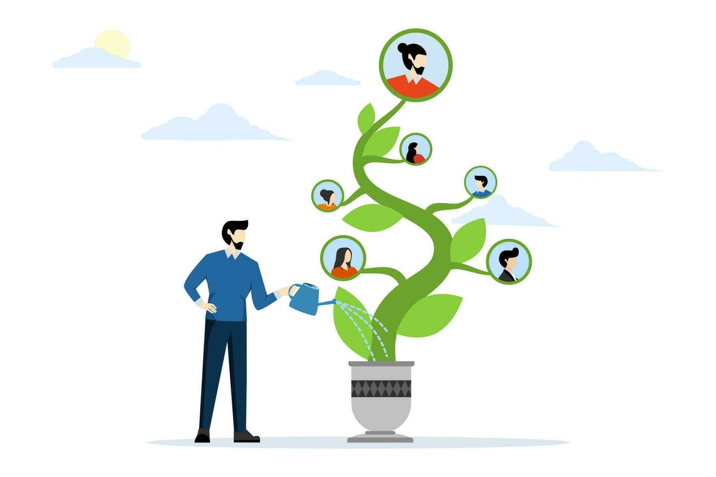concept of recruitment, career growth, human resources or HR organization, human resource management, career development strategy, HR entrepreneur watering the tree that grows with employees. vector