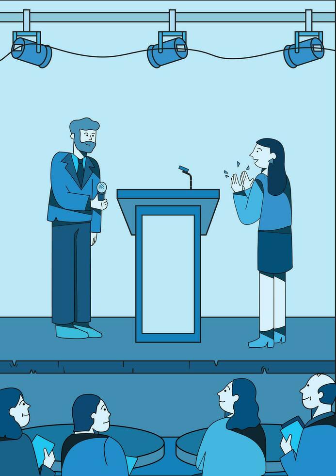 A young man giving speech infront of a group of people and a girl applauding vector illustration.