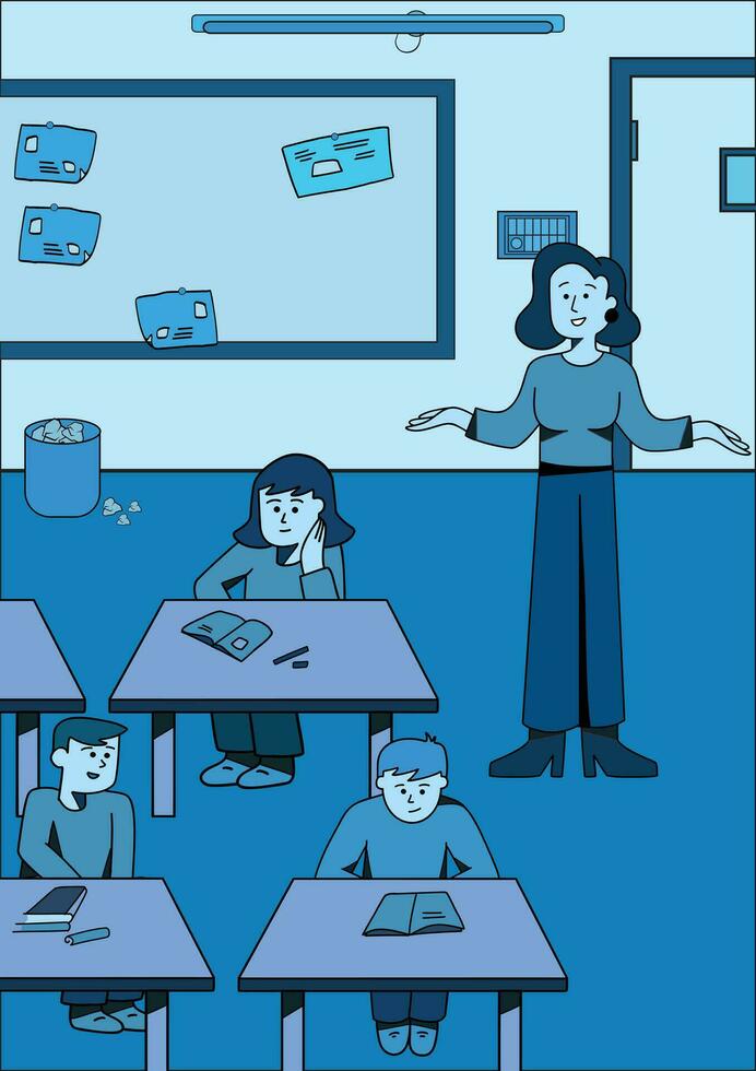 Young woman teaching a group of students in the classroom vector illustration.