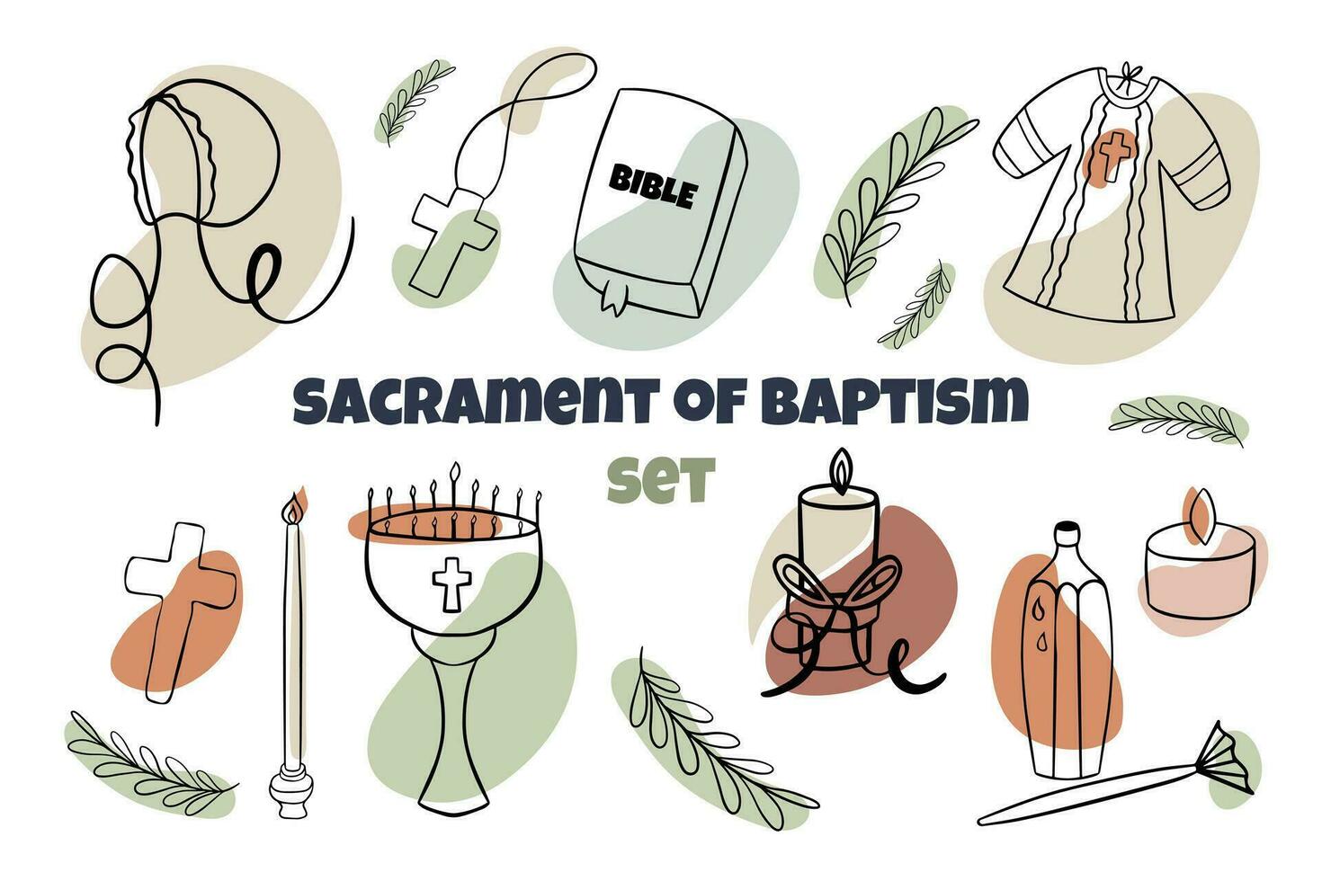Doodle set on the theme of the sacrament of baptism. Baptism of an infant. Christianity. catalicism vector