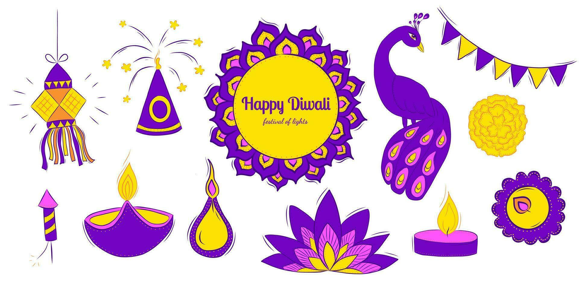 Set of Colorful Decorative Elements for Diwali Holiday in Doodle Style vector