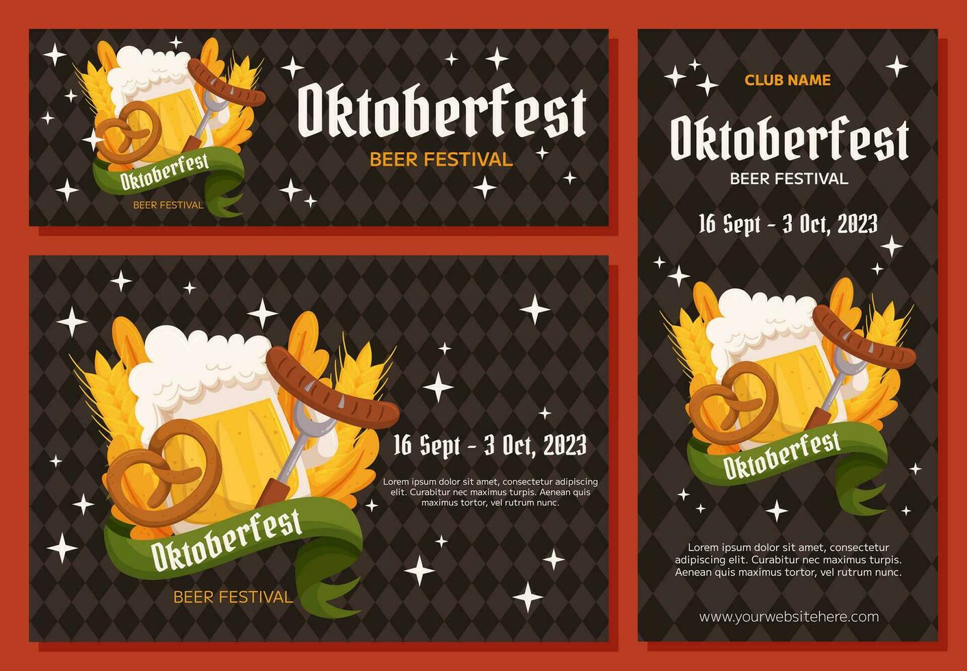 Oktoberfest alemán cerveza festival fondo, vertical y horizontal bandera recopilación. diseño con vaso de cerveza, galleta salada y tenedor con embutido, trigo y hojas. rombo modelo en espalda vector