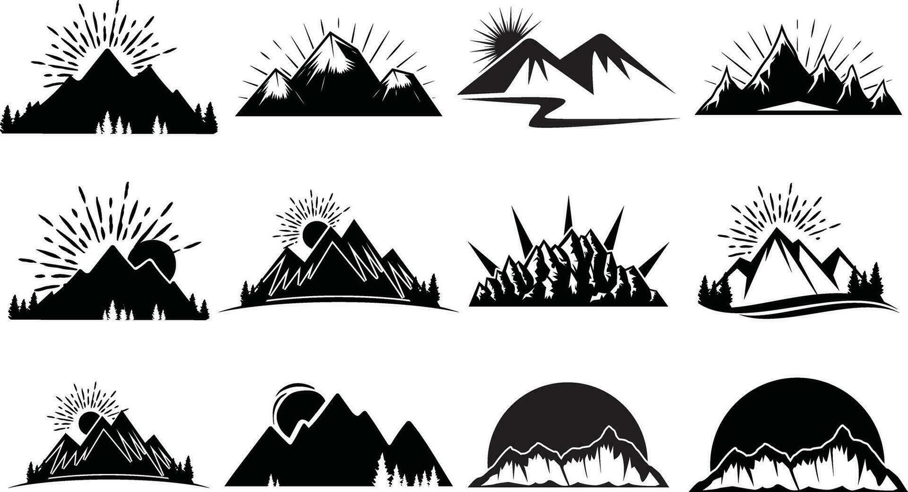 montaña silueta colocar. rocoso montañas icono o logo recopilación. vector ilustración.