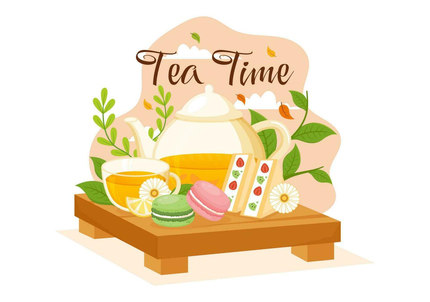Tea Time Vector Illustration with Mug of Hot Drink, Sweet Desserts and Cookies Usually Done Between Meals in Flat Cartoon Hand Drawn Templates