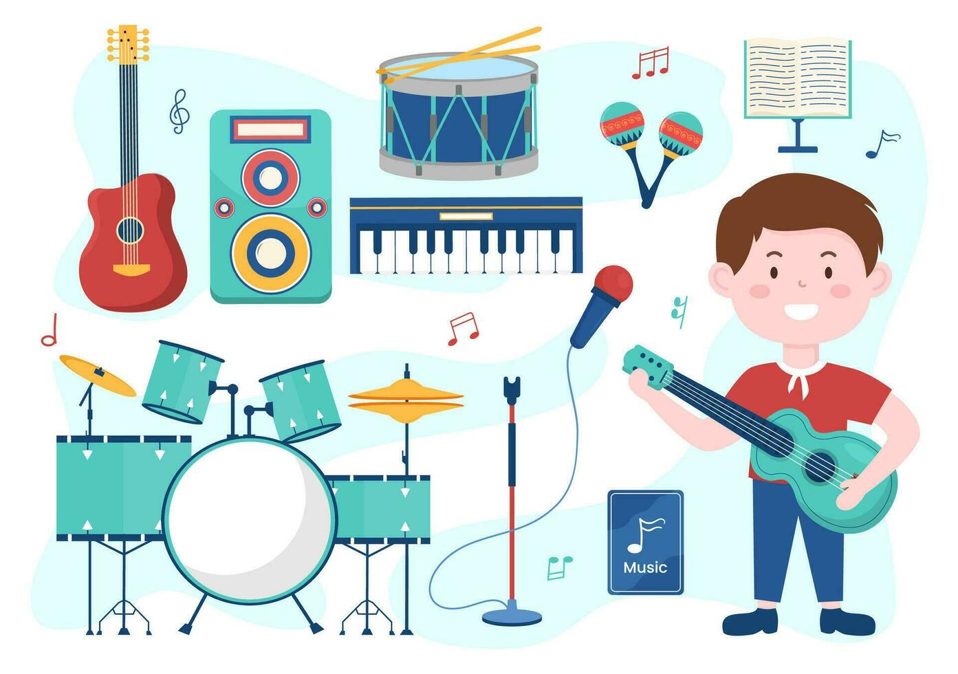 Music Elements Vector Illustration with Various of Note and Musical Instruments Modern in Flat Kids Cartoon Hand Drawn Background Templates