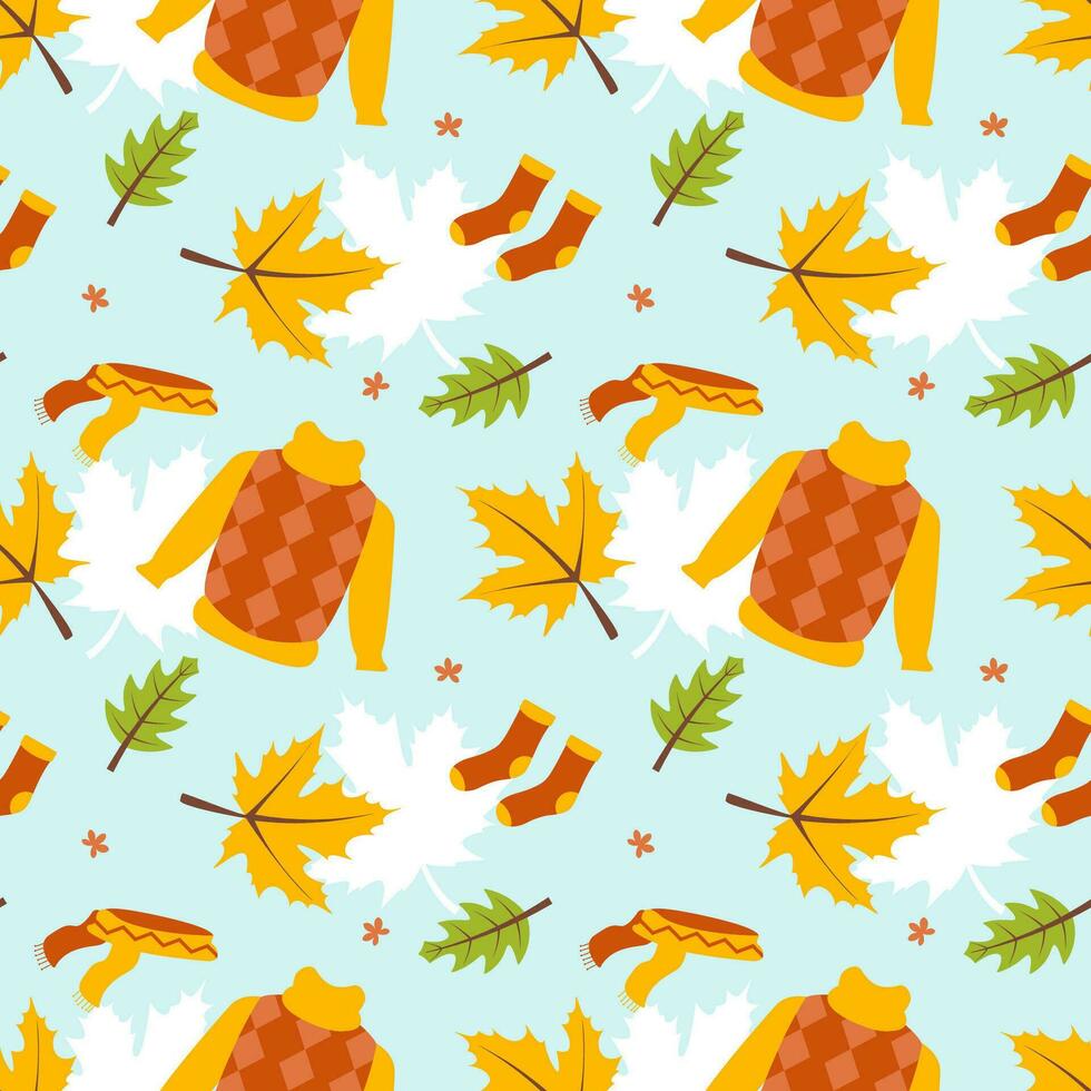 Autumn Season Seamless Pattern Design with Fall Elements in Template Cartoon Flat Illustration vector