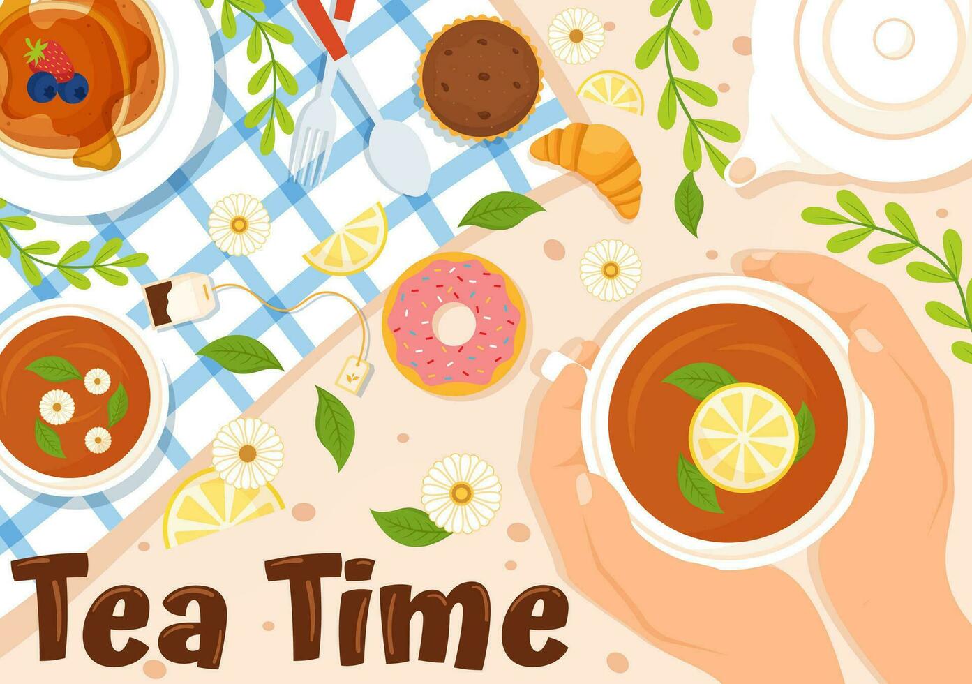 Tea Time Vector Illustration with Mug of Hot Drink, Sweet Desserts and Cookies Usually Done Between Meals in Flat Cartoon Hand Drawn Templates
