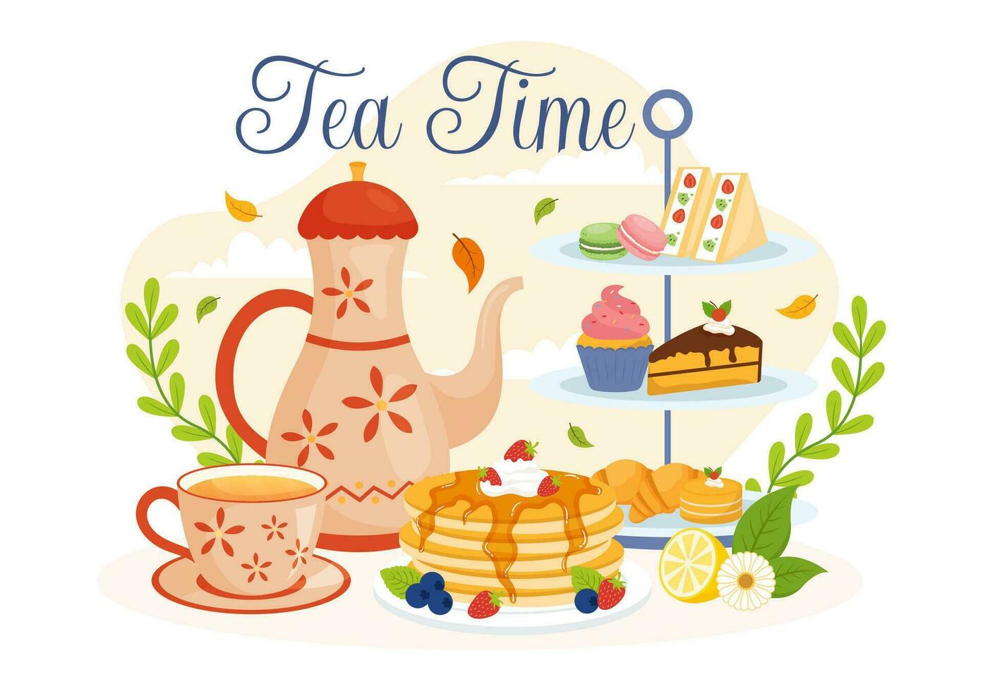 Tea Time Vector Illustration with Mug of Hot Drink, Sweet Desserts and Cookies Usually Done Between Meals in Flat Cartoon Hand Drawn Templates