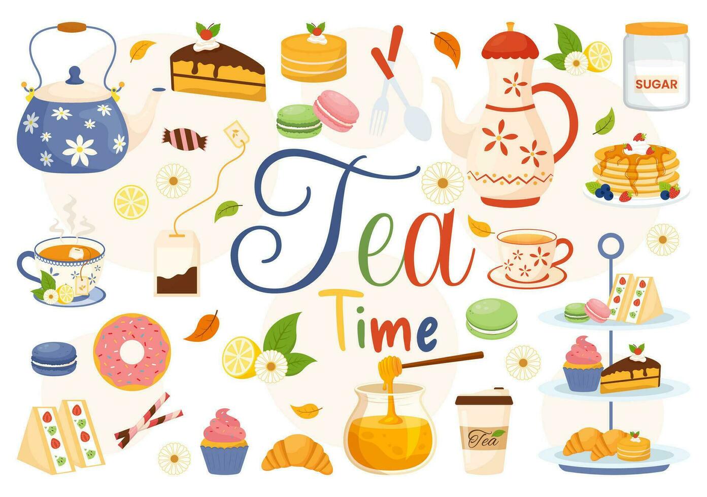 Tea Time Vector Illustration with Mug of Hot Drink, Sweet Desserts and