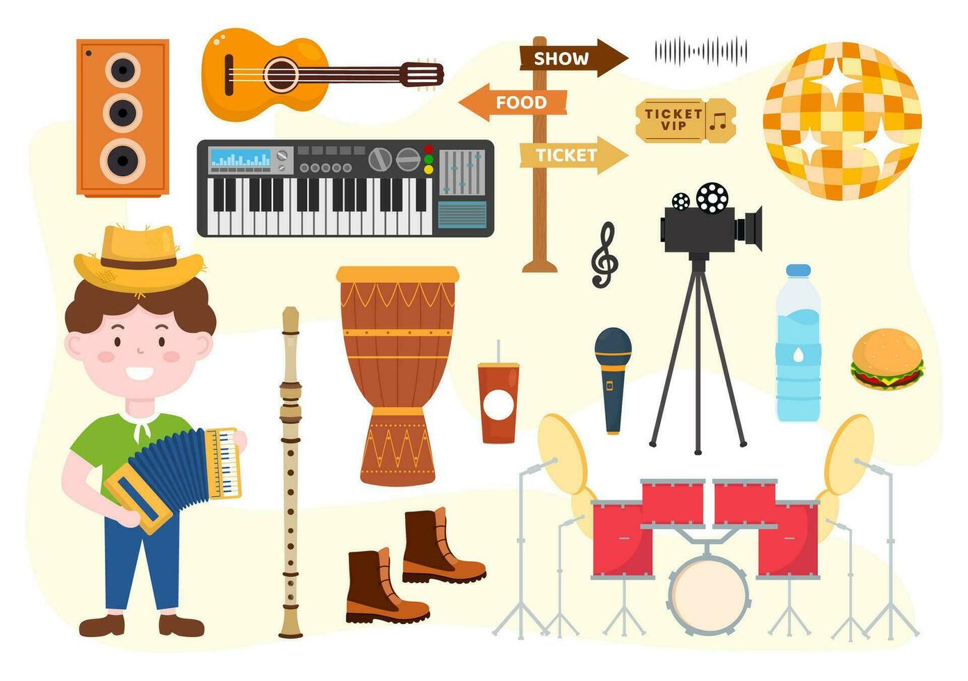 música elementos vector ilustración con varios de Nota y musical instrumentos moderno en plano niños dibujos animados mano dibujado antecedentes plantillas