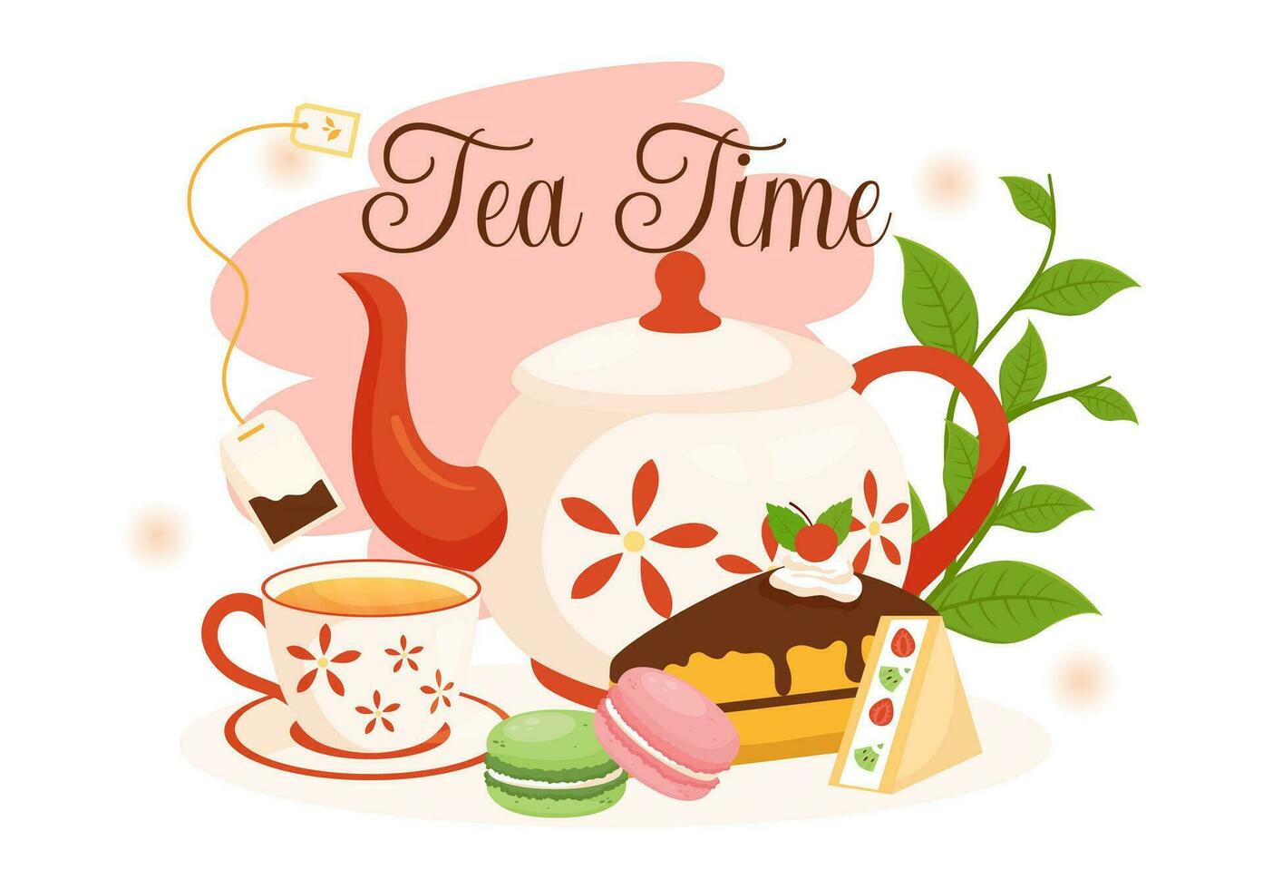 Tea Time Vector Illustration with Mug of Hot Drink, Sweet Desserts and Cookies Usually Done Between Meals in Flat Cartoon Hand Drawn Templates