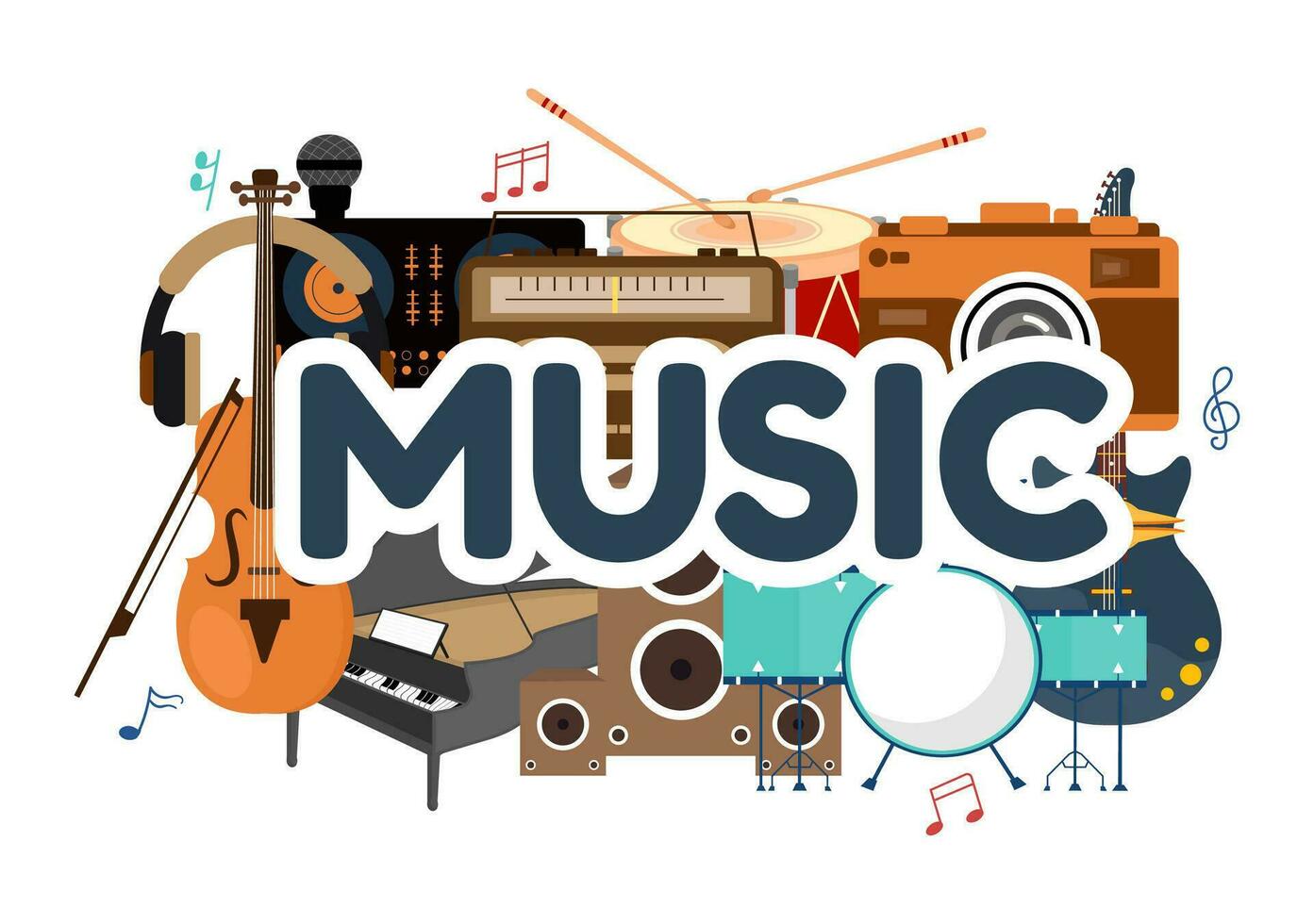 música elementos vector ilustración con varios de Nota y musical instrumentos moderno en plano niños dibujos animados mano dibujado antecedentes plantillas