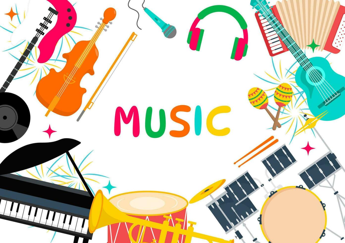 música elementos vector ilustración con varios de Nota y musical instrumentos moderno en plano niños dibujos animados mano dibujado antecedentes plantillas