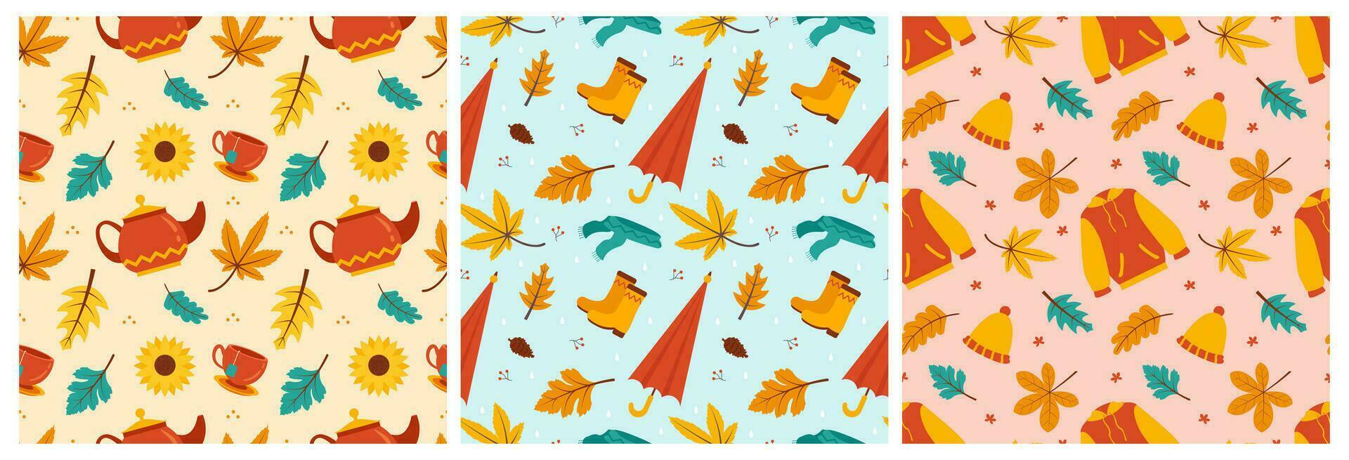 Set of Autumn Season Seamless Pattern Design with Fall Elements in Template Cartoon Flat Illustration vector