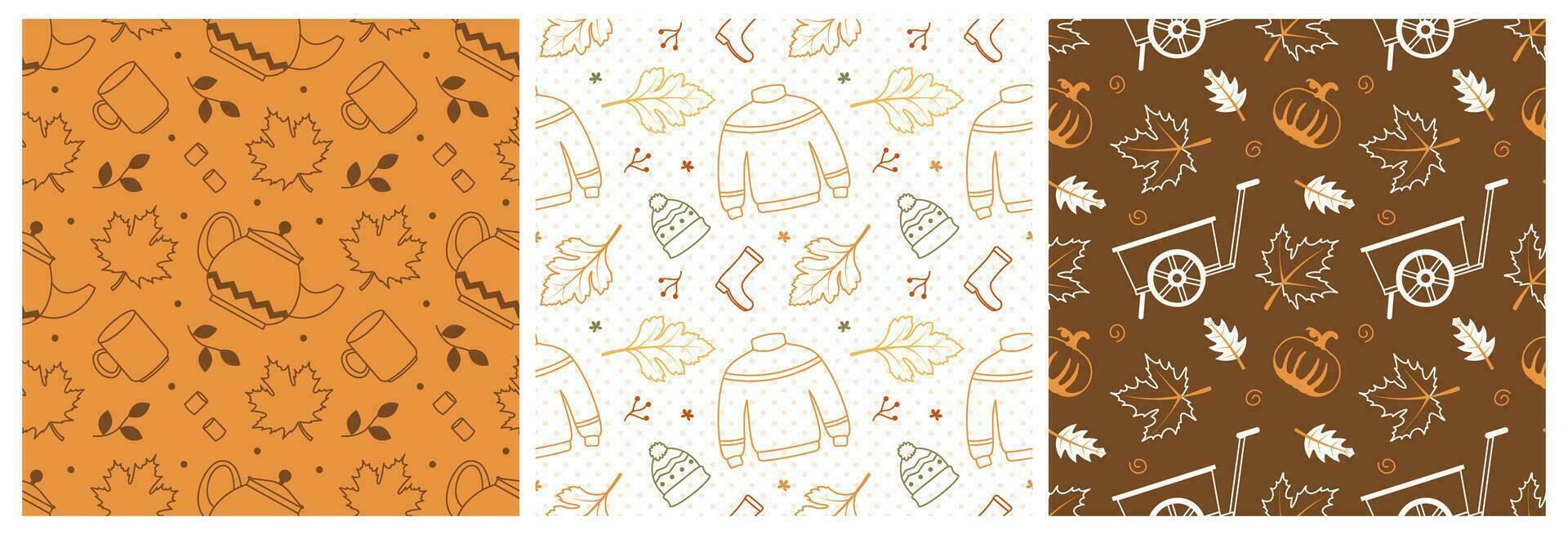 Set of Autumn Season Seamless Pattern Design with Fall Elements in Template Cartoon Flat Illustration vector