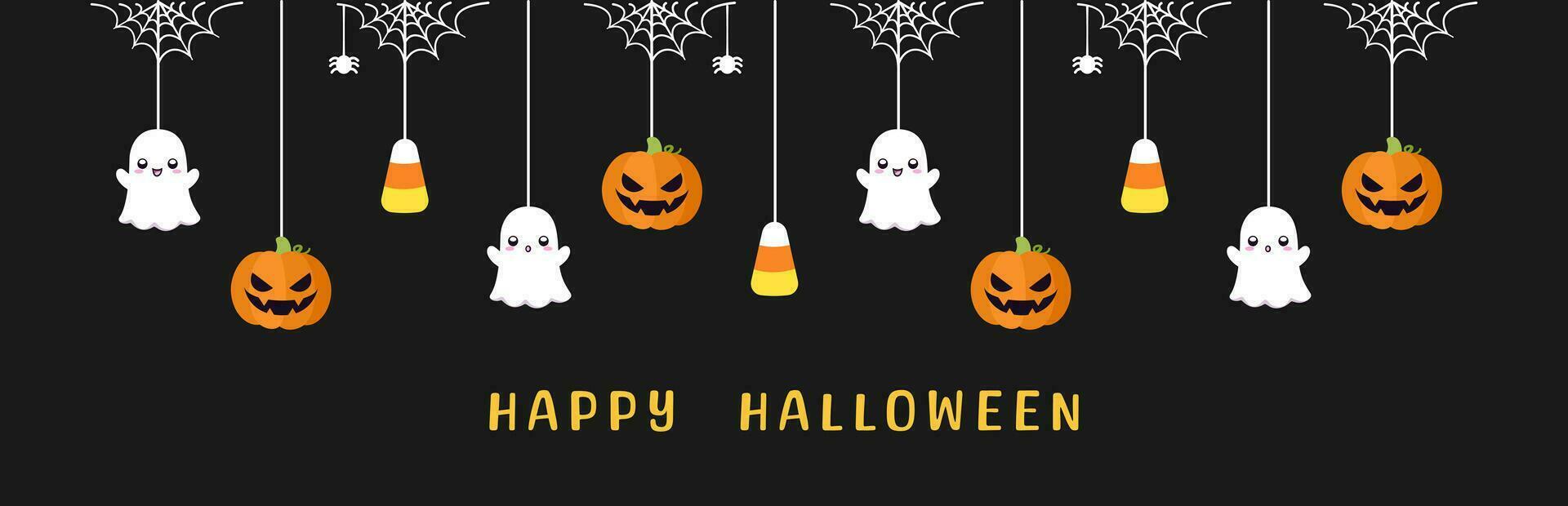 Happy Halloween border banner with ghost, candy corn and jack o lantern pumpkins. Hanging Spooky Ornaments Decoration Vector illustration, trick or treat party invitation