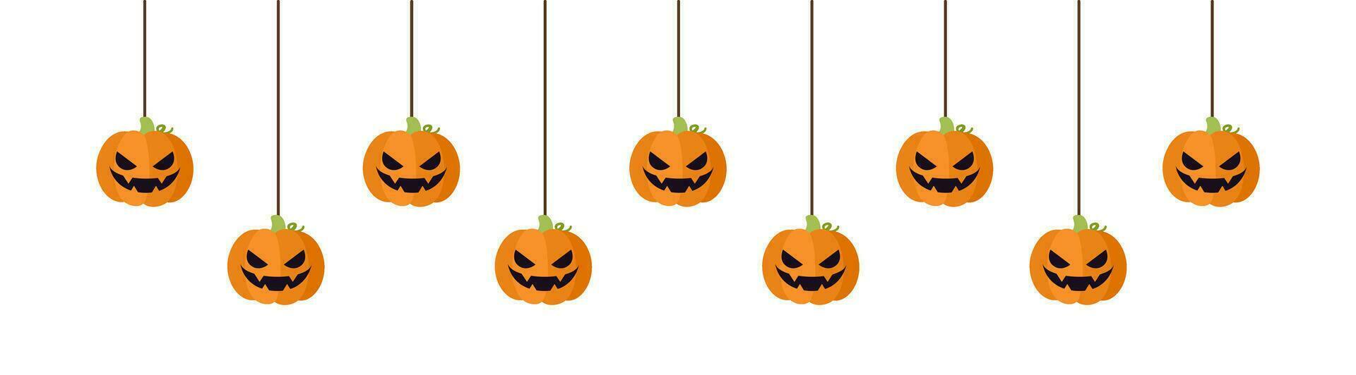 Happy Halloween border banner jack o lantern pumpkins hanging from spider webs. Spooky Ornaments Decoration Vector illustration, trick or treat party invitation