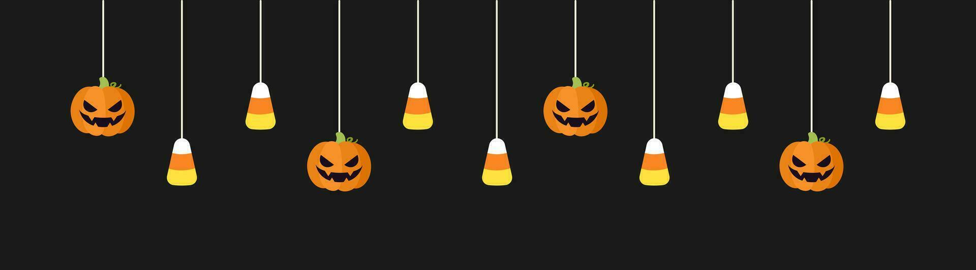 Happy Halloween border banner with candy corn and jack o lantern pumpkins hanging from spider webs. Spooky Ornaments Decoration Vector illustration, trick or treat party invitation