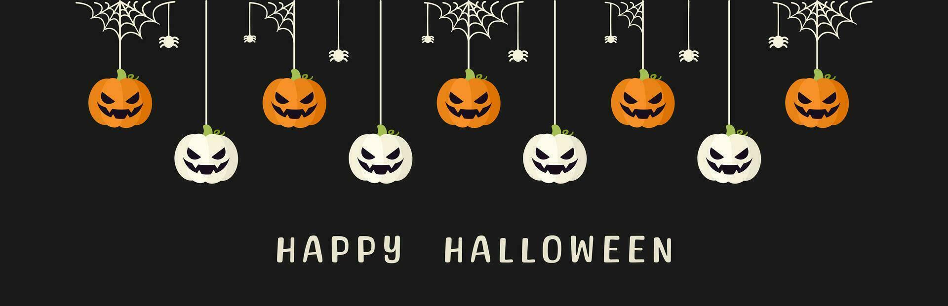 Happy Halloween border banner jack o lantern pumpkins hanging from spider webs. Spooky Ornaments Decoration Vector illustration, trick or treat party invitation