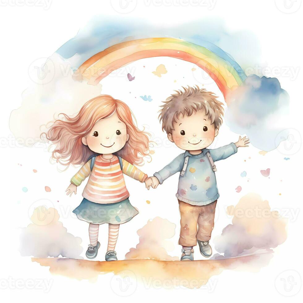 Set of happy kids playing together under rainbow. Happy children's day. Friendship theme. Watercolor style photo