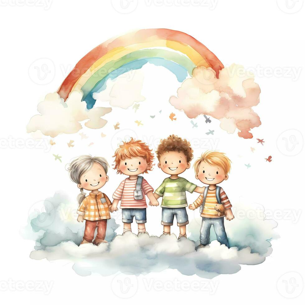 Set of happy kids playing together under rainbow. Happy children's day. Friendship theme. Watercolor style photo