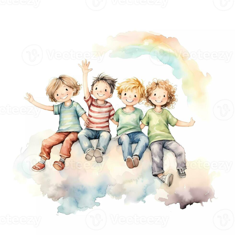 Set of happy kids playing together under rainbow. Happy children's day. Friendship theme. Watercolor style photo