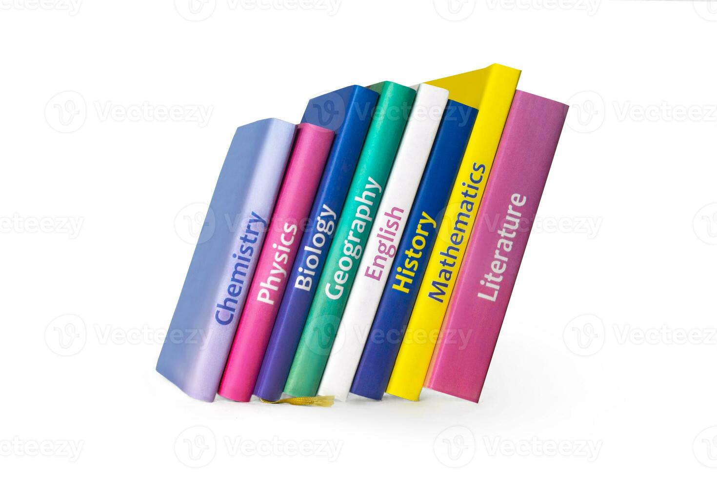 School colourfull textbooks isolated on white background. Books are on the shelf. Basic school subjects mathematics, literature, physic,s chemistry photo