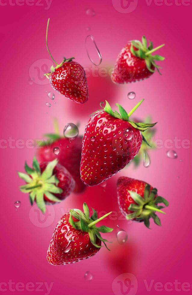 composición de fresas con agua gotas en el aire. comida levitación animación vídeo foto