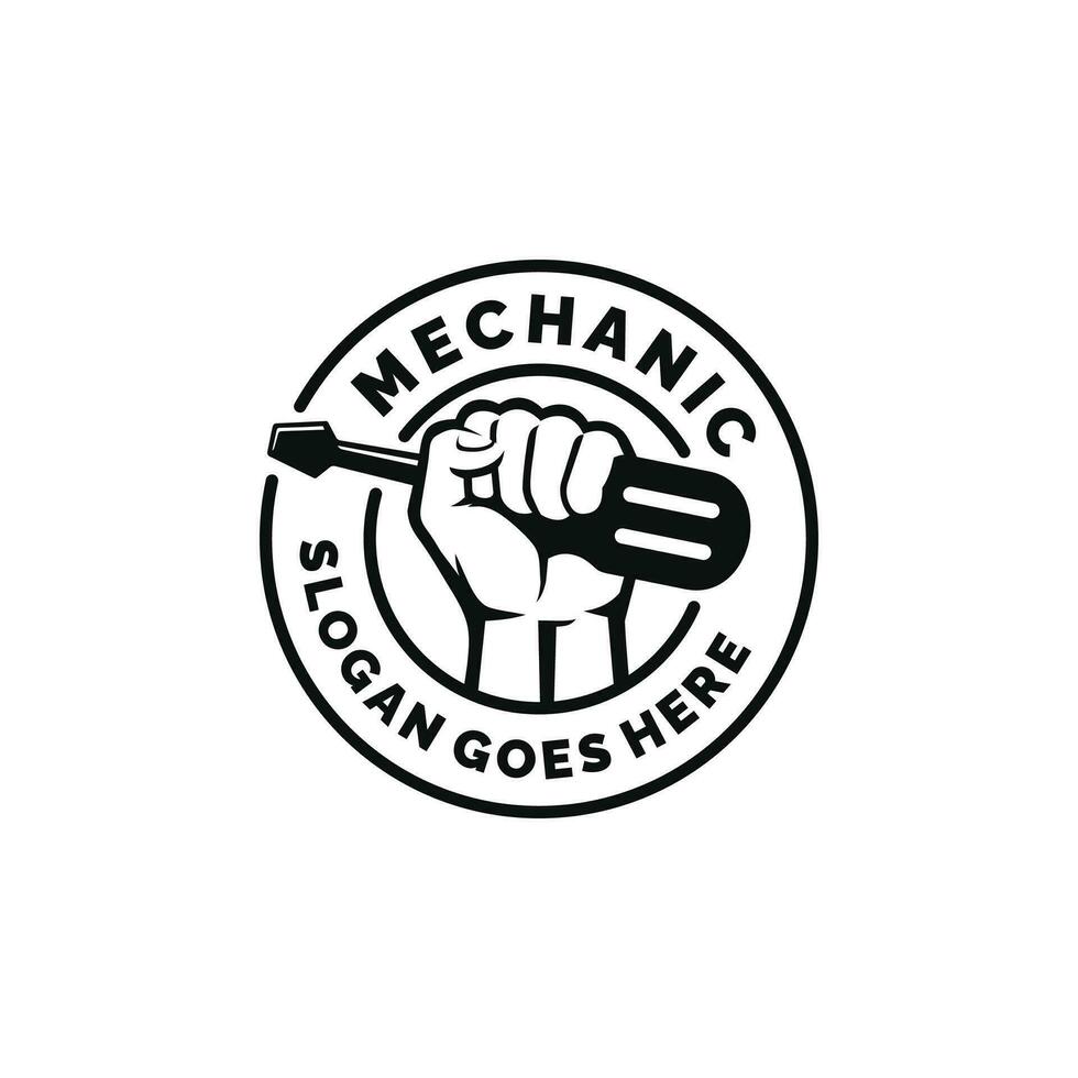 Hand holding screwdriver logo design vector. Mechanic logo vector