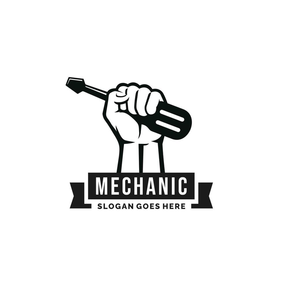 Hand holding screwdriver logo design vector. Mechanic logo vector