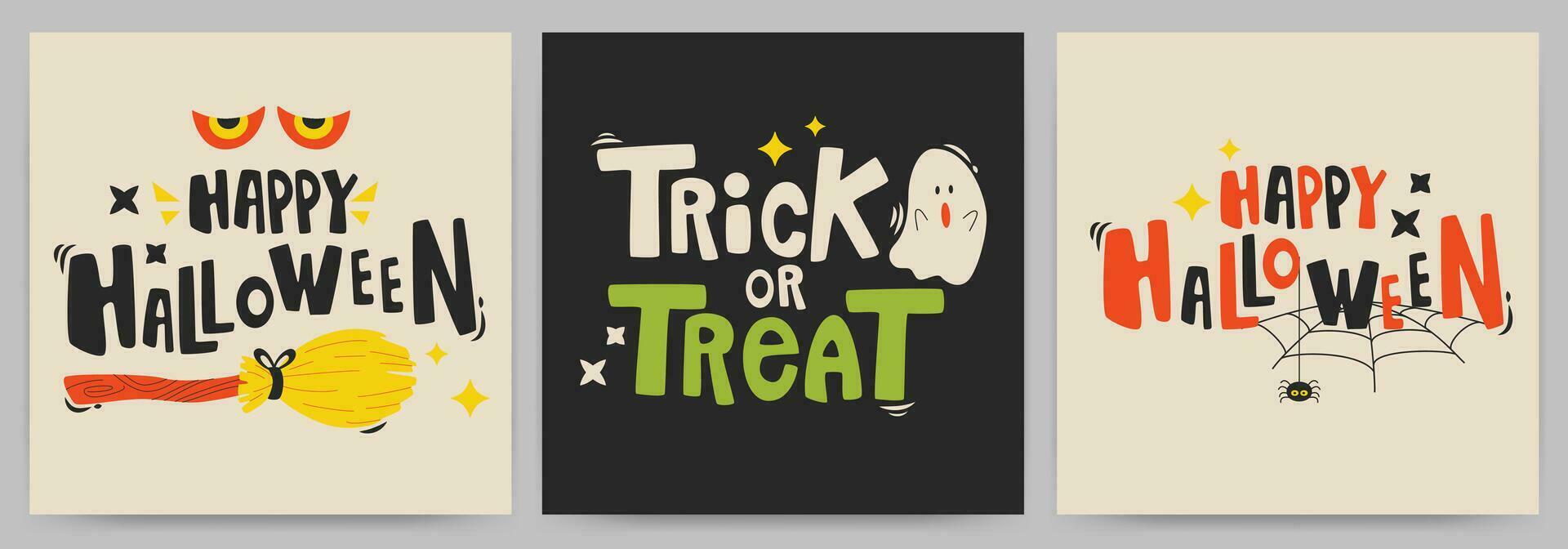 Halloween. Greeting cards or posters set with calligraphy, trick or treat, ghost. vector